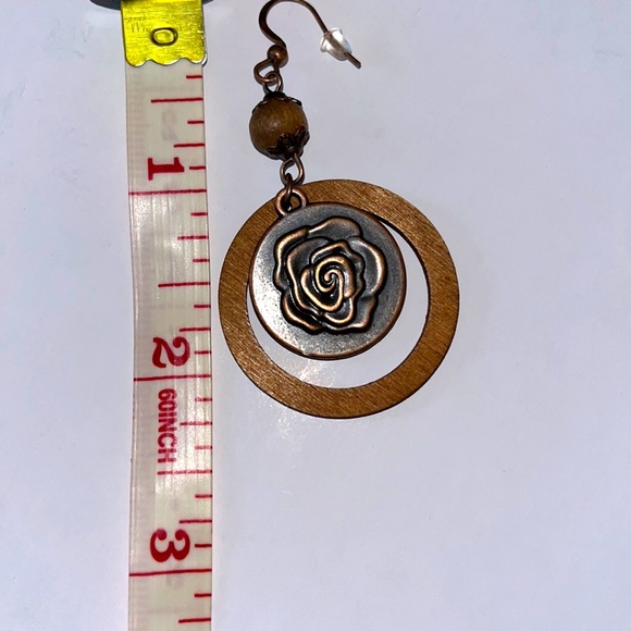 New! Boho Round Wood Bead with Rose Drop Earrings - Picture 3 of 3